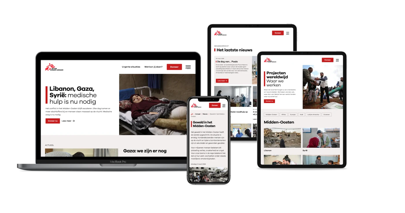 Website Artsen zonder Grenzen op een laptop scherm, een mobiele telefoon, en tablet schermen