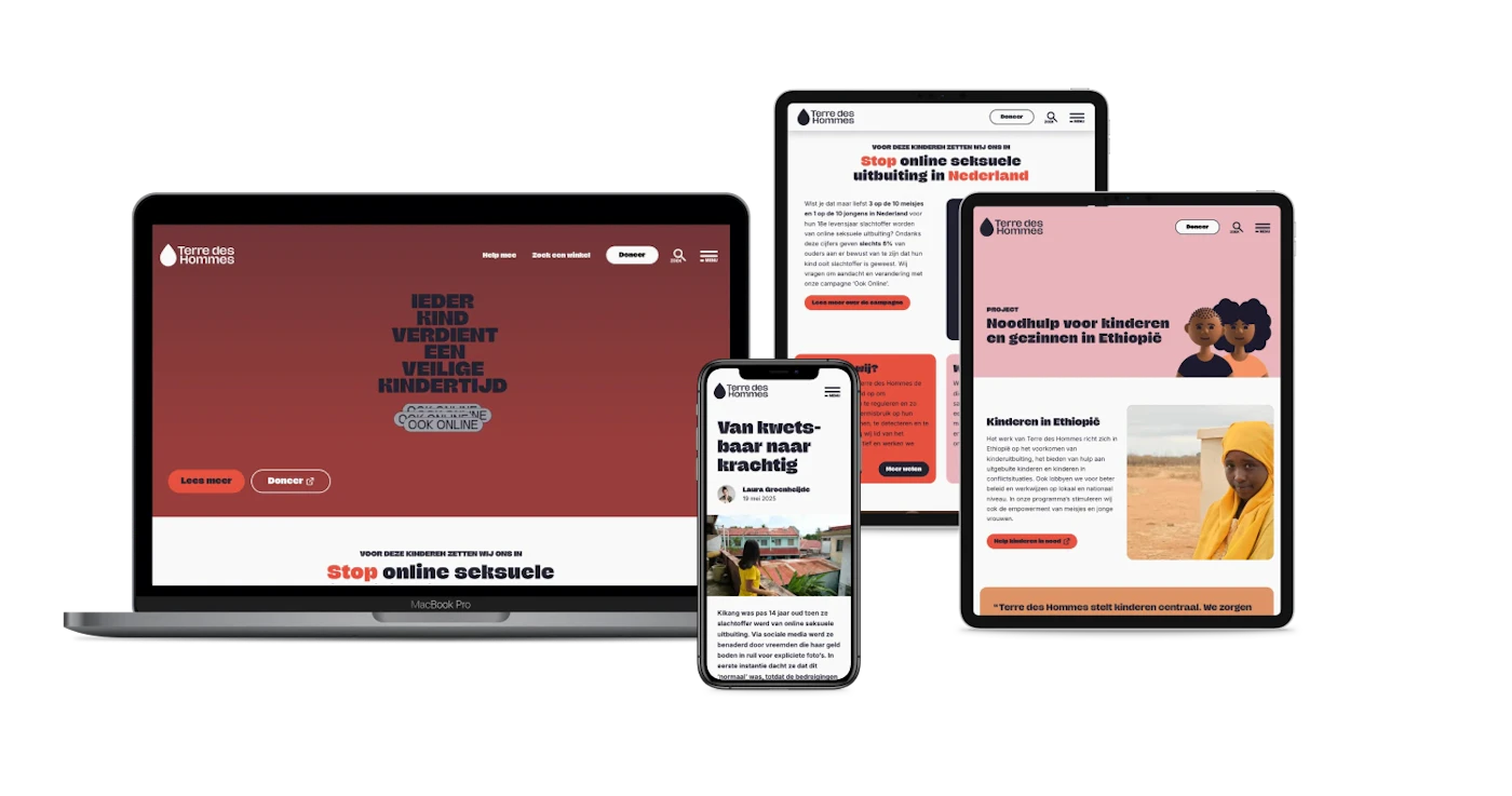 Terre Des Hommes website on a laptop screen, a mobile phone, and tablet screens